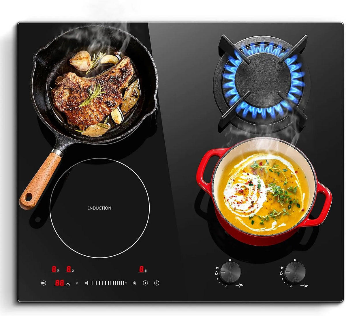SNDOAS, Varné desky, 60cm Kombinace plynové plotýnky, 7500W s zástrčkou, Černá, 60cm, 7500W, 2400W, 1000W
