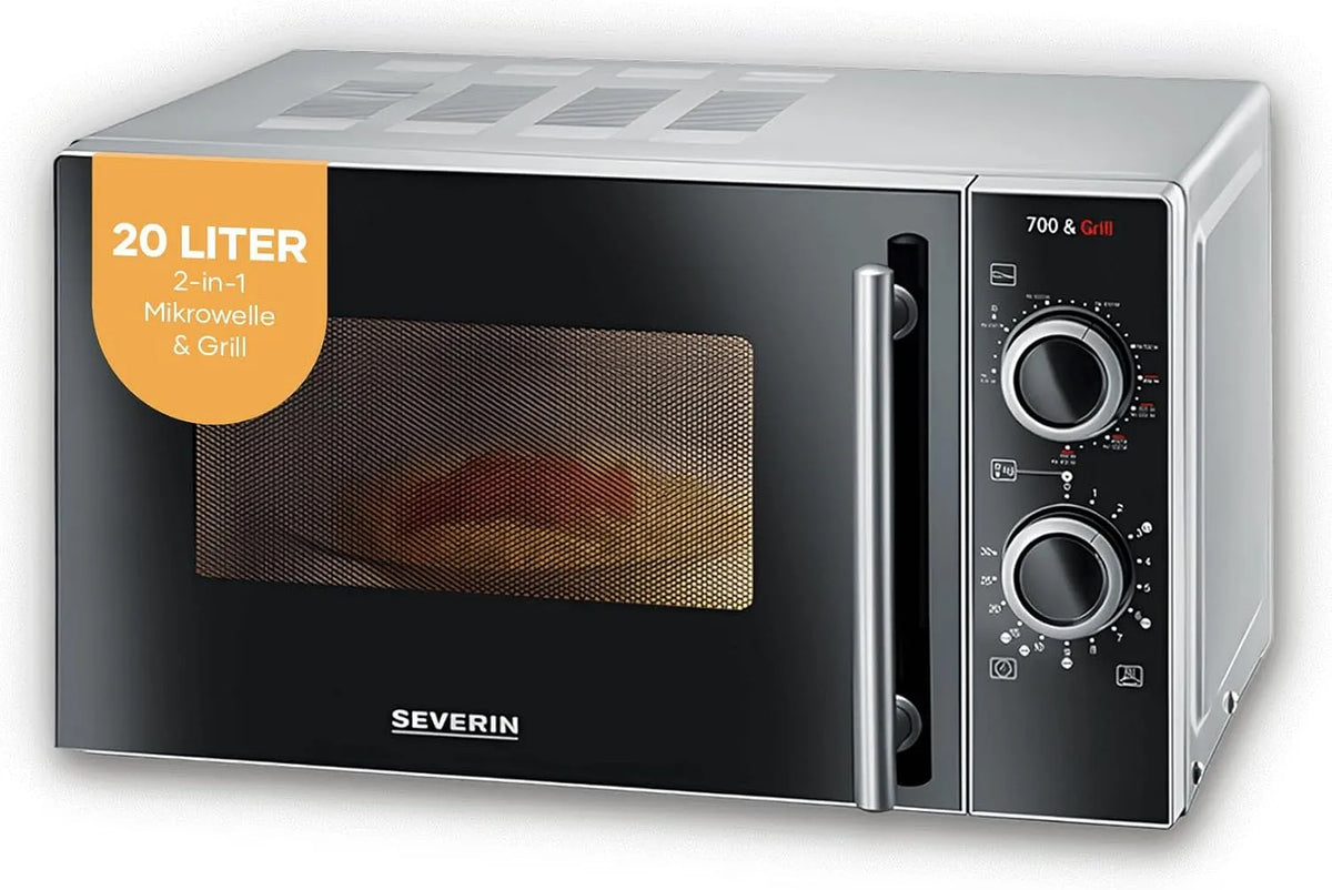 SEVERIN 2-in-1, Mikrovlnné trouby s grilem, mikrovlnná trouba s grilem 700 W, grilová trouba s 9 automatickými programy, Stříbro / Černá, 700 W