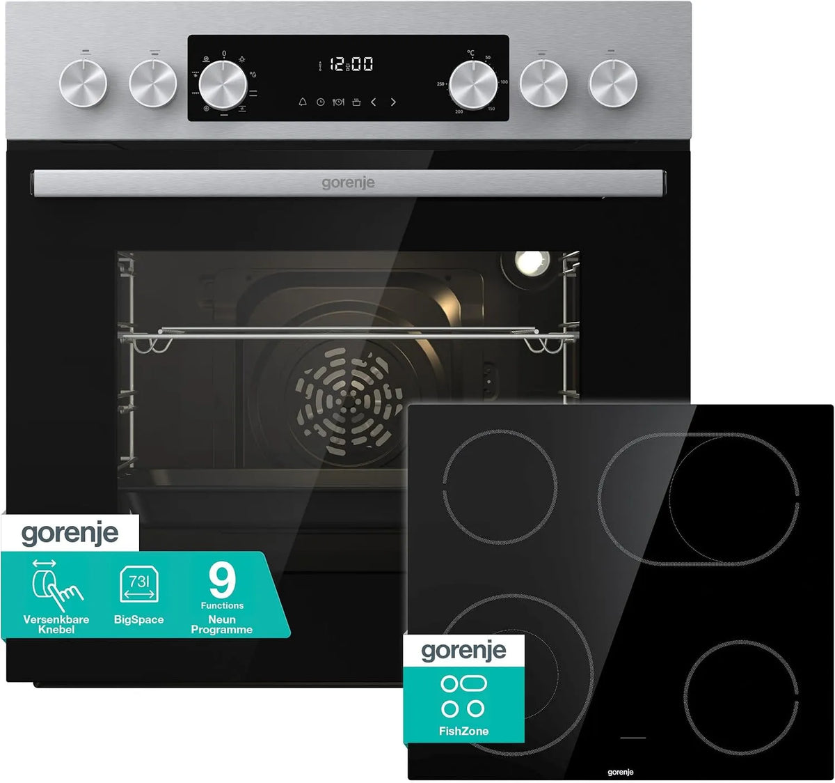 Gorenje, Sety sporáku a trouby, Inox Air Set se skleněnou keramickou varnou deskou, teplým vzduchem, 73L, 250 °, Stříbrná, 60x56x58cm