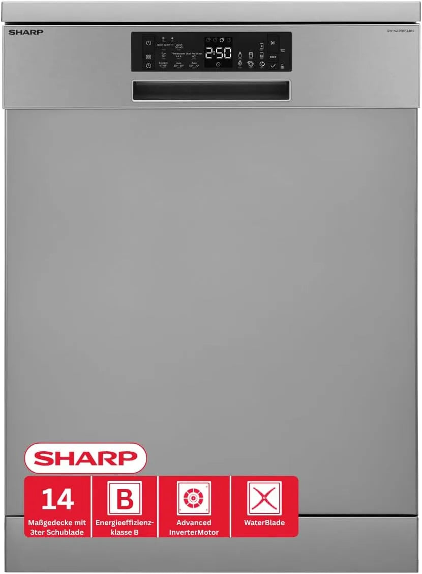 SHARP QW-NA25GF44BS-DE, Myčky nádobí, 60 cm, Oddělená myčka nádobí s příbory zásuvka (60cm), (14 nastavení místa, EEK B), (8, Stříbrná, 25G