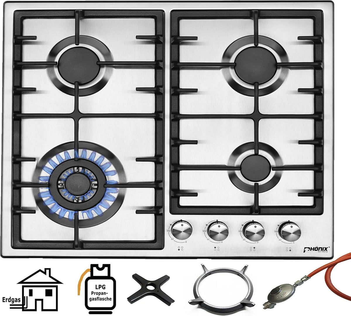 Phönix Germany PS-603T, Varné desky, Pönix Staveb- in gas hob nerez ocel plynový sporák 4 horkokrevný Propan / zemní, Stříbrná, 80cm, 11kg, 2 '