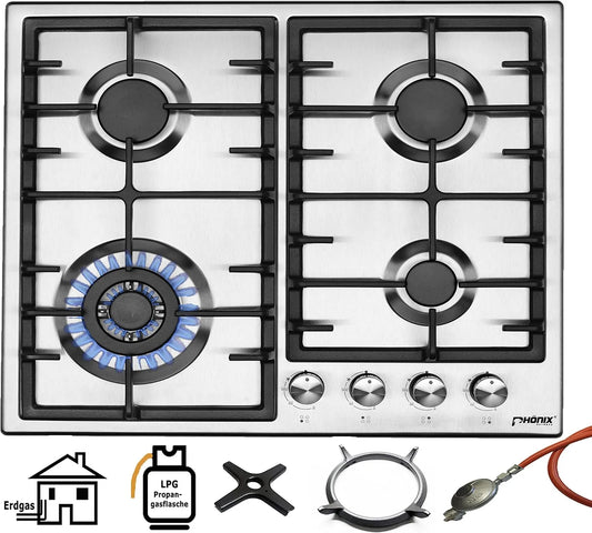 Phönix Germany PS-603T, Varné desky, Pönix Staveb- in gas hob nerez ocel plynový sporák 4 horkokrevný Propan / zemní, Stříbrná, 80cm, 11kg, 2 '
