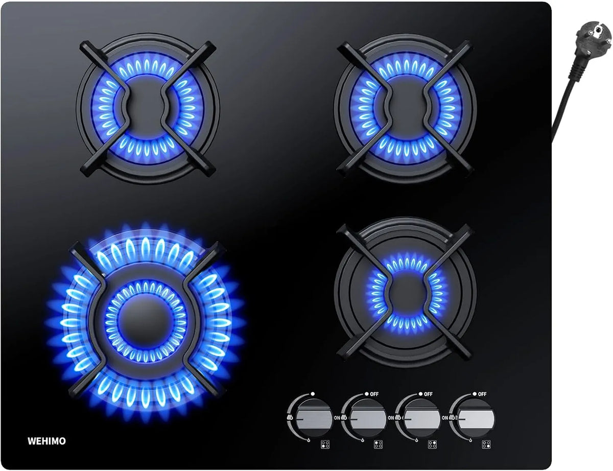 WEHIMO, Varné desky, 3300W+1750W+1750W+1000W 4 Plamen, skleněná konstrukce v plynovém kohoutku, 59cm, Černá, 3300W, 1750W, 1000W