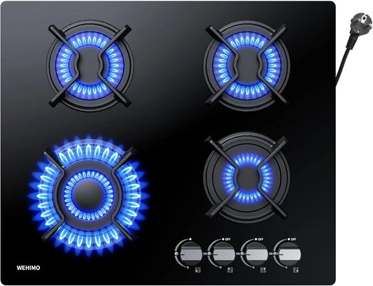 WEHIMO, Varné desky, 3300W+1750W+1750W+1000W 4 Plamen, skleněná konstrukce v plynovém kohoutku, 59cm, Černá, 3300W, 1750W, 1000W
