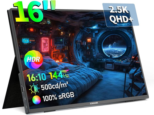 BOMJUPBR Laptop/PC/Mac/Phone/PS5/Xbox/Switch 2.5K, Monitory, 16 palců přenosný monitor, 144Hz 2560x1600P QHD HDR Freesync Gaming, USB-C HDMI, Černá