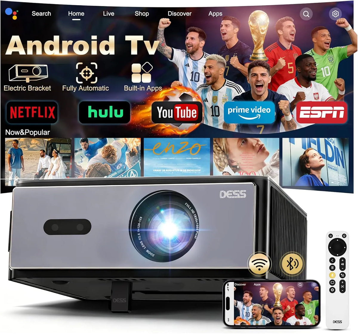 DESS 1080P, Projektory, C4 Pro 4K Beamer Daylight Vhodné - Inteligentní TV projektor 4K s 1200 ANSI, Černá, 4K, Full HD, 6 G, 10W