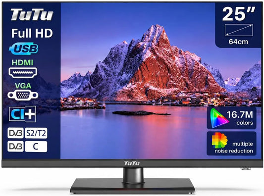 TuTu TU25Q1F-EM, Přenosné televizory, Full HD TV 25 palců (64 cm), bez funkce Smart, Černá, Full HD, 64 cm, 45x1, 100 x 100 mm