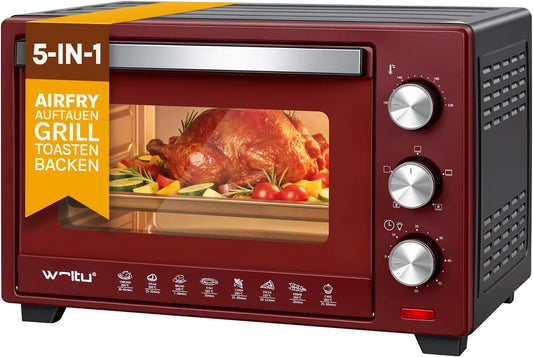 WOLTU, Mini trouby, Mini trouba s cirkulujícím vzduchem 28 L, pizzová trouba, 100-230 ° C, časovač, Černá / stříbrná, 28 L, 26 cm, 1600 W, 2 cm