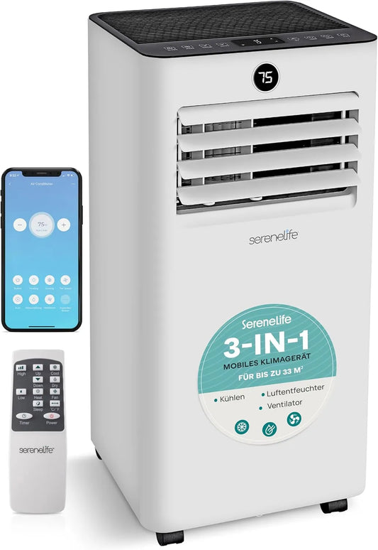 SereneLife 3-in-1 33m2, Mobilní klimatizace Mobilní s výfukovou hadicí 7000BTU, WLAN klimatizace pro teplé letní, Bílá, 7000BTU