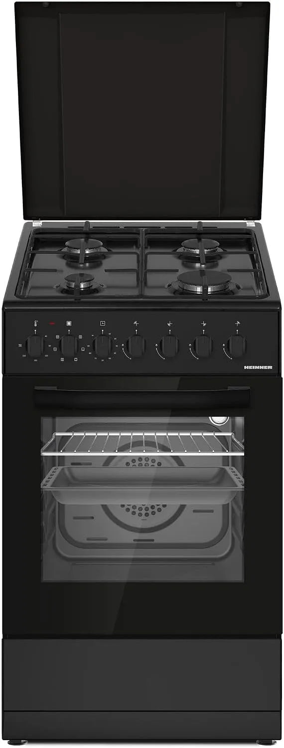 HEINNER HFSC-S60LITGC-BK, Varné desky, Kombinovaný sporák se 4 hořáky na plyn a elektrickou troubou, smaltovanými, Černá, 60L, 50 × 60 cm, 5 l