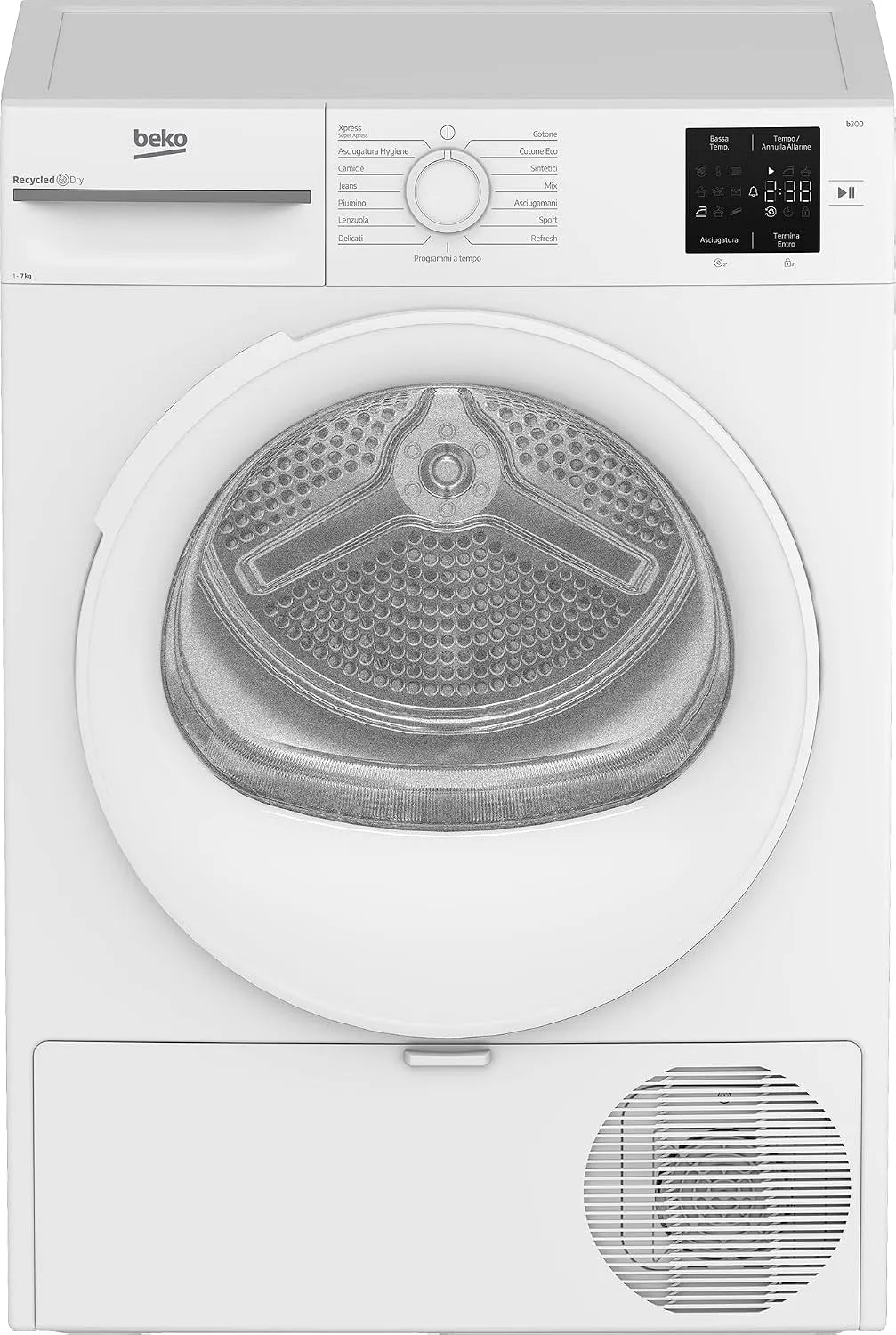 Beko BMT73EW, Sušičky s tepelným čerpadlem, vysoušeč oděvů, freestanding, 7 kg, třída D, digitální displej, 12 programů, Bílá, 10 l