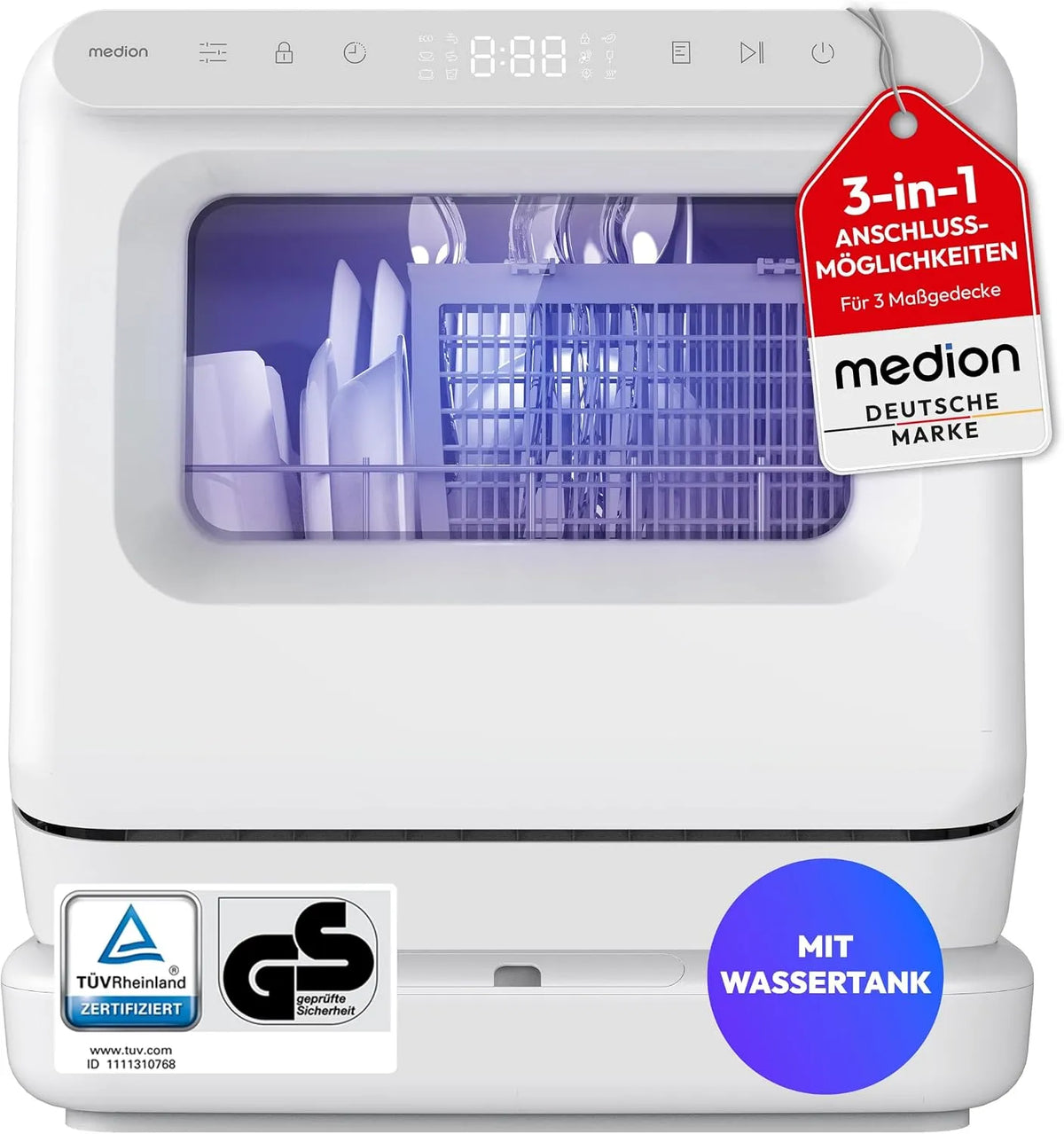 MEDION DWT30 3in1, Stolní myčky nádobí, Mini Myčka nádobí, 3 stupnice, stolní myčka nádobí, s / bez připojení vody, Kýbl, Bílá, 3 v, 0, 33 kW