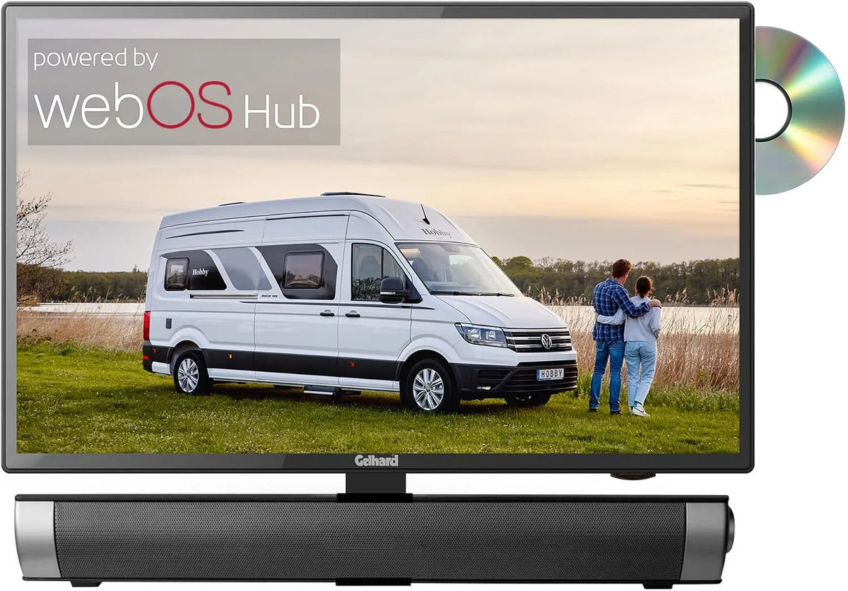 Gelhard 230Volt DVB-S2/C/T2, Televizory, GTV1956 + Soundbar LED Smart TV s DVD a Bluetooth DVB-S2 / C / T2 pro 12V a 230V, Černá, 230V, 2 G, 12V