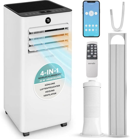 SereneLife 4-in-1, Mobilní klimatizace, Mobile Klimatizace 9000BTU s výfukovou hadicí, klimatizace s WLAN, chlazení, Bílá, 9000BTU, 55dB, 2 x 69