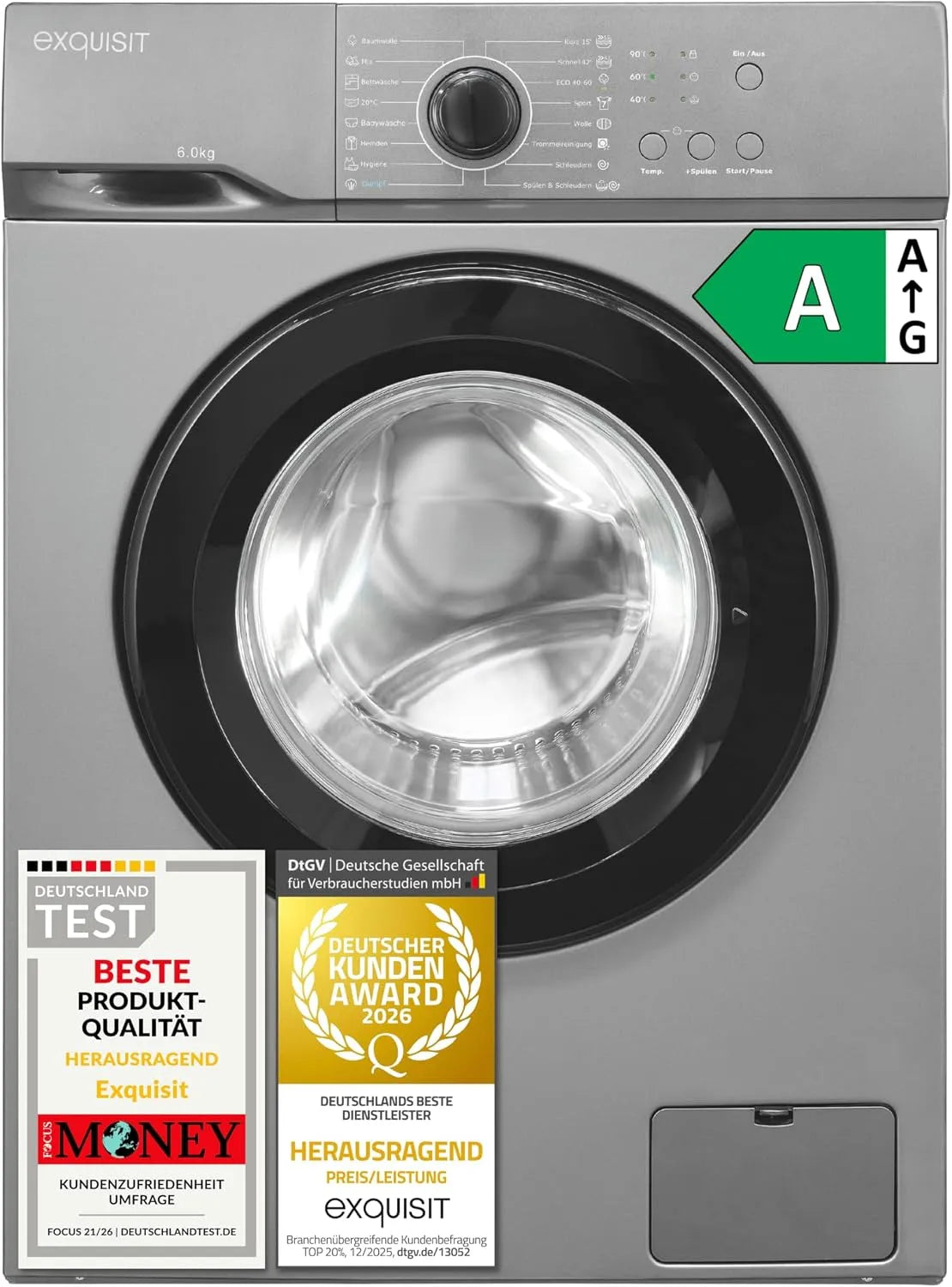 Exquisit WA56110-021A, Pračky, Vynikající pračka 6 kg - Energetická třída A - Inoxlook, Bílá, 6 kg, 37 kW, 76 dB