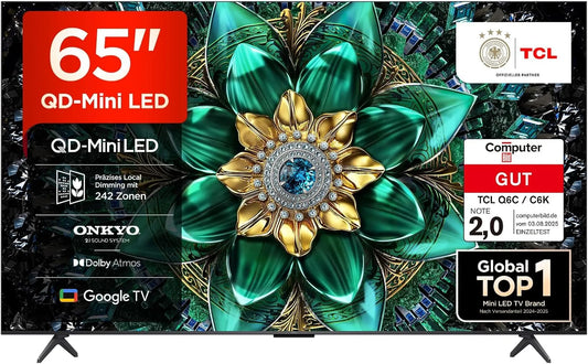 TCL 65Q6C 65-inch, Televizory, QD-mini LED TV, 4K HDR 1000nits, Smart TV s Google TV (Dolby Vision IQ & Atmos, Černá, mini LED, 4K, 144Hz, QLED