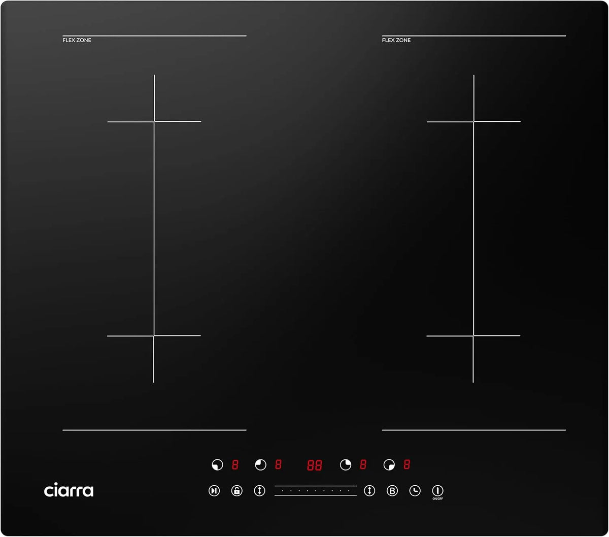 CIARRA CBBIH4BFF, Varné desky, C indukční sporák 60 cm built- in s 2 flex zón 7200 W, Černá, 60 cm, 7200 W, 9 v, 26 cm