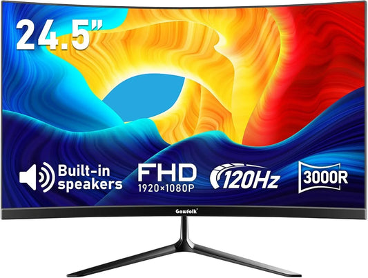 Gawfolk 3000R 1920x1080P, Monitory, 24.5 palců zakřivený monitor s built- in reproduktory, 120Hz PC Gaming obrazovka, Černá, 120Hz, Full HD