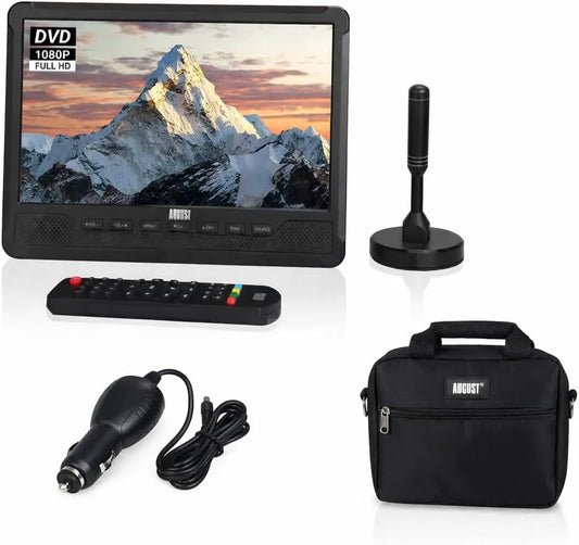 August DA383 BAG383, TV a domácí kino, Srpen 10 'Přenosná HD TV s DVD přehrávačem + cestovní taška + ADP100 nabíječka, Černá, 10 ', 12V, 24V