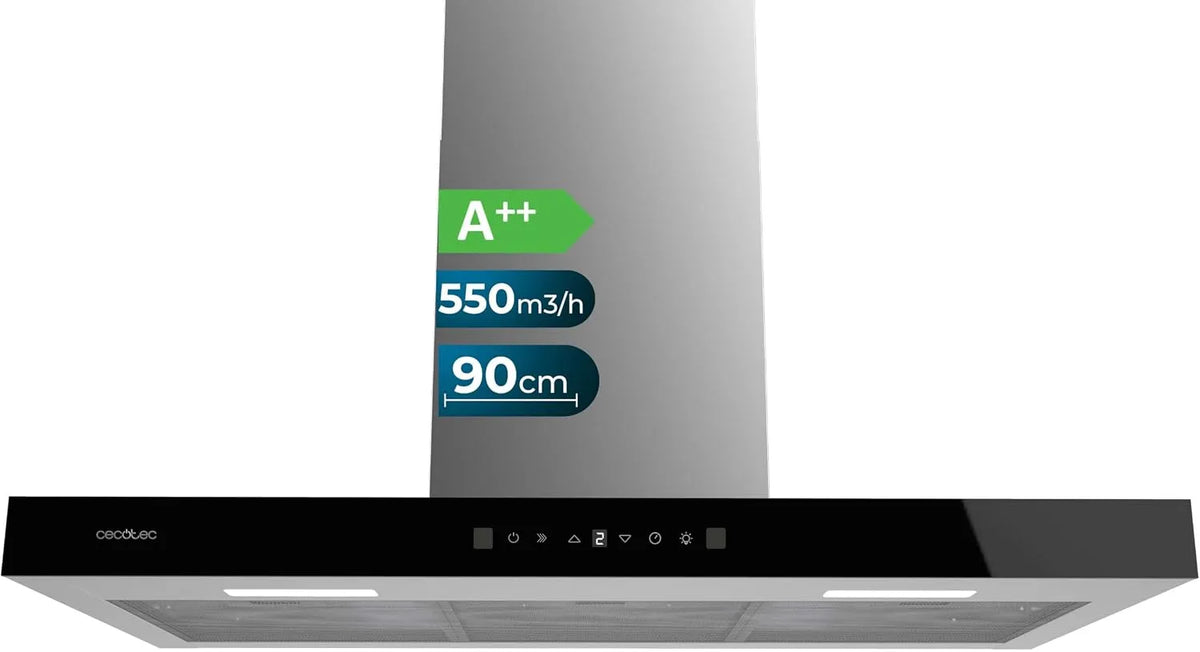 Cecotec 550m3/h 550m3, Nástěnné digestoře, rozsah kapuce 90 cm Flux TT 905500 sklo černá A + +. 70W, přední strana černého, Černá, 90 cm